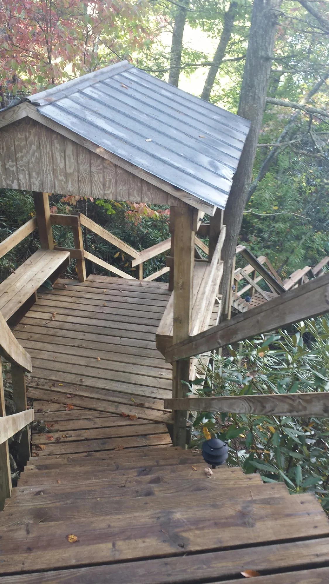 Metal roofed shelter over wooden steps on a wooded walkway — Skylight Repair & Installation work by our crew in Encampment